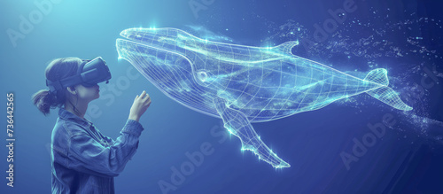 Girl in VA gear immersed into a virtual encounter with a blue whale species displaying the possibilities of the technology allowing user the joy of adventure from the comfort of their home