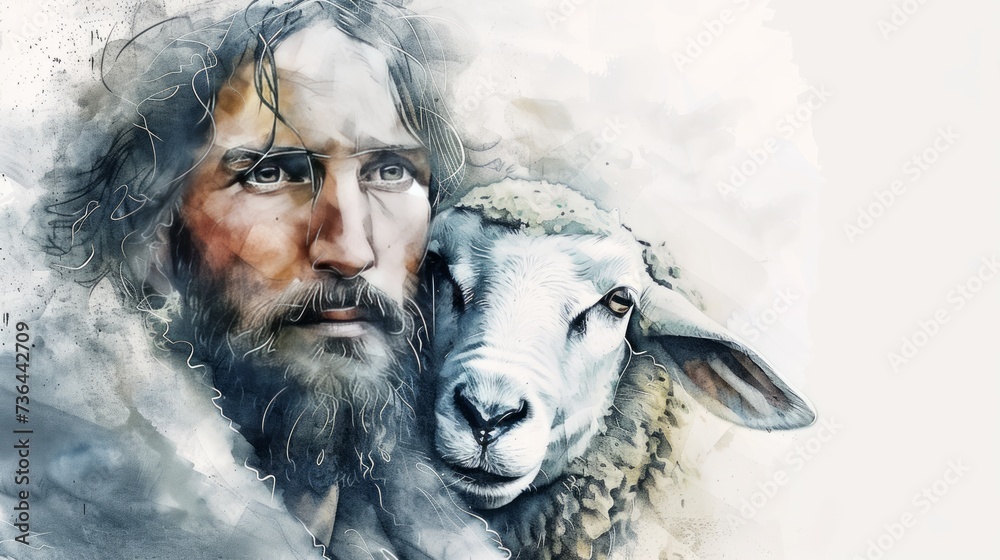 Watercolor Pencil Illustration of Jesus Portrait with Sheep Generative AI