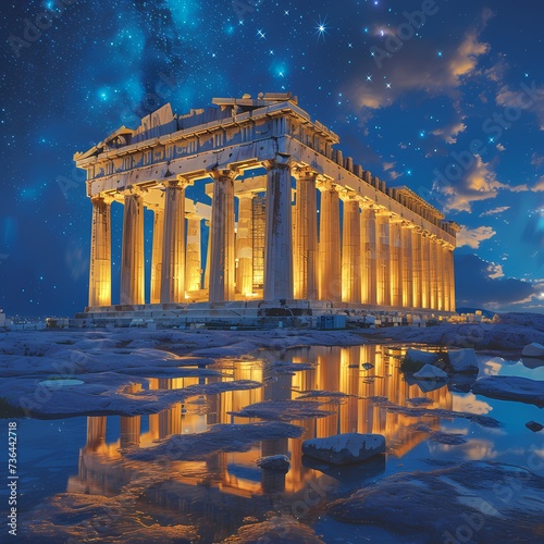 Majestic Parthenon Under Starlit Sky - Iconic Athenian Monument Illuminated at Night
