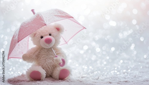the innocence of a white and pink teddy bear holding a white umbrella, its charming silhouette standing out against a clear and unblemished background © Teddy Bear
