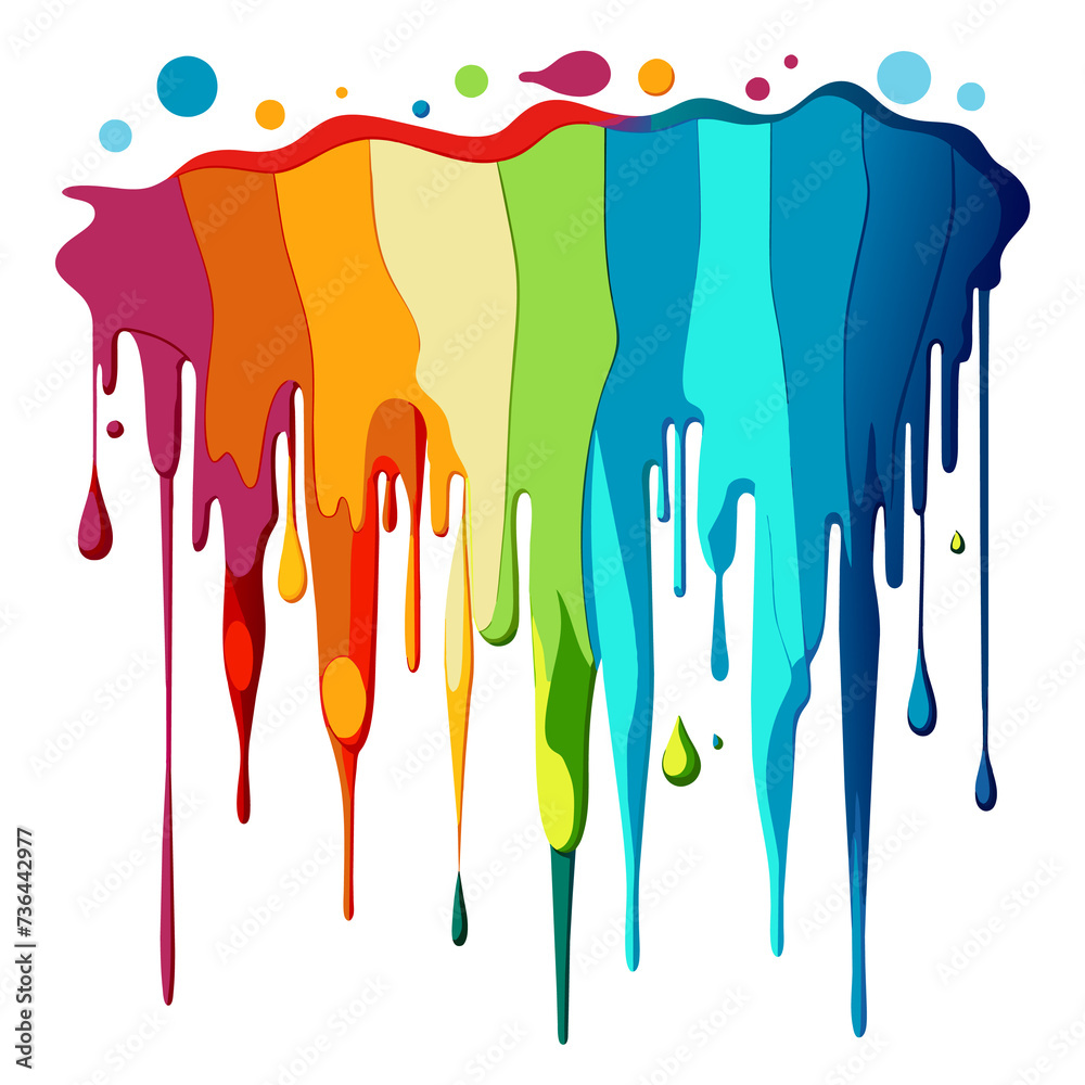 Multi-colored paint flows in drops on a white surface