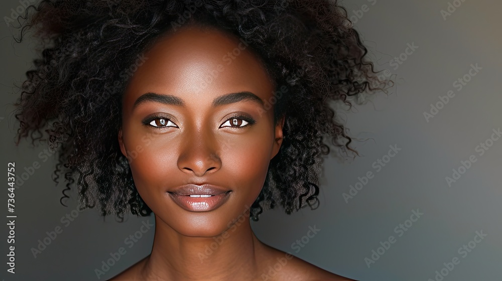An African American woman showcasing elegance with a subtle smile and radiant skin An African American woman showcasing elegance with a subtle smile and radiant skin