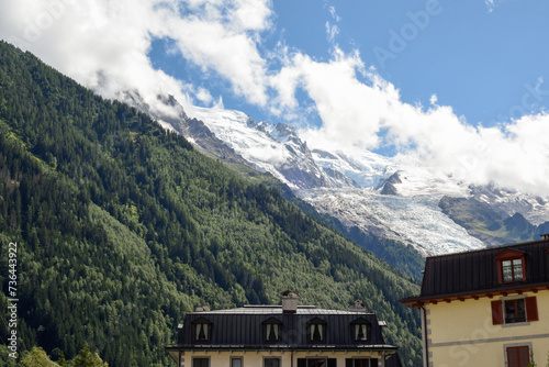 View of Mont Blanc mountain from ski resort below at low angle