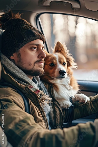  Handsome man with his dog in the car. Two companions, one unforgettable ride.