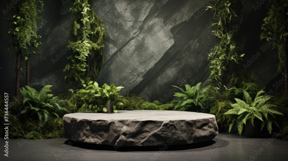 A different angle showcasing a natural stone and concrete podium against a lush green background with leaves, perfect for cosmetic product presentations A different angle showcasing a natural stone and concrete podium against a lush green background with leaves, perfect for cosmetic product presentations