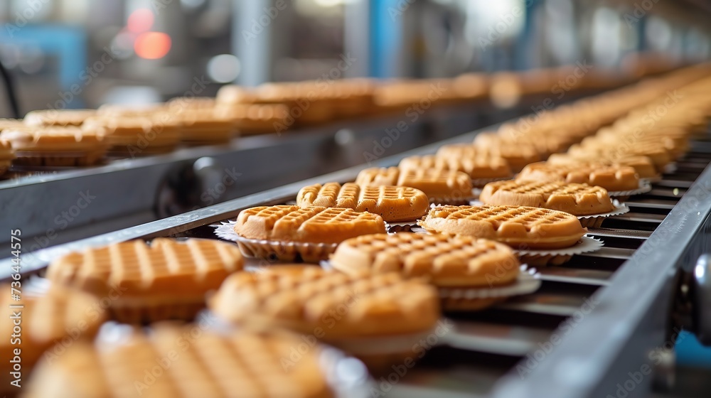 Waffle assembly process using an automated conveyer belt in the facility and space, Generative AI.