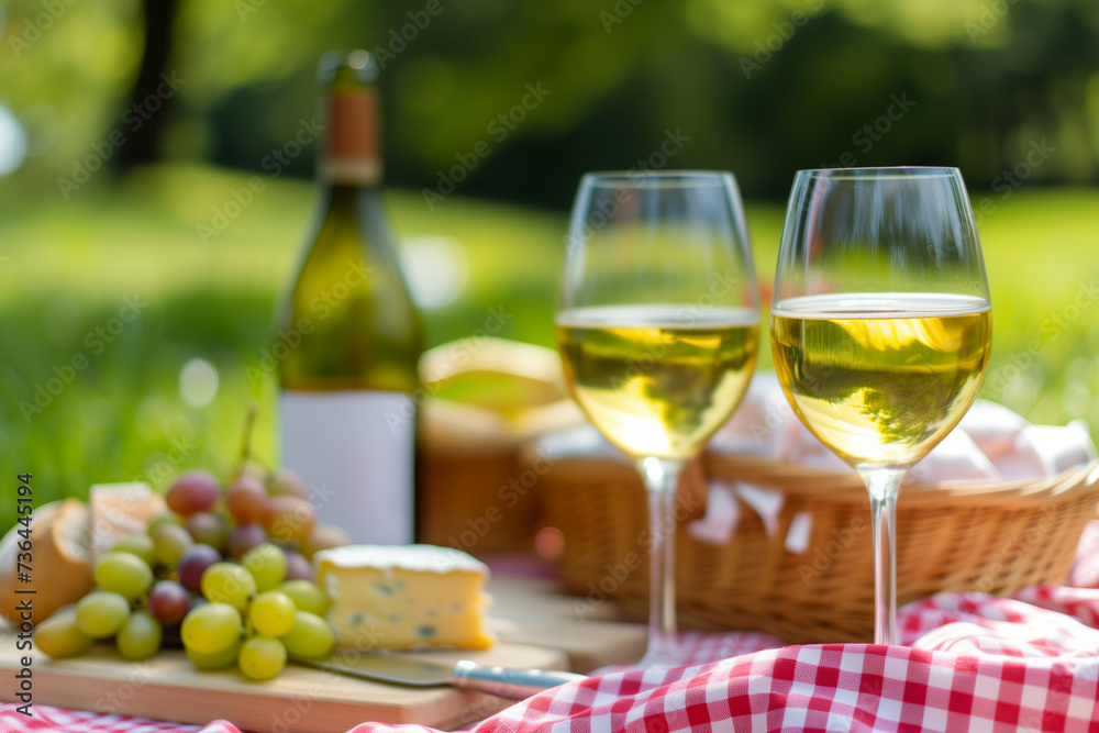 Two Glasses of White Wine, a Bottle of Wine, Baguette, Cheese, Grapes and a Picnic Basket on Background Standing on Red Gingham Tissue on Green Sunny Lawn