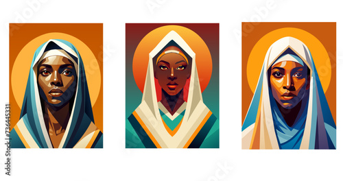 Dark skinned Virgin Mary. Set flat vector illustration 