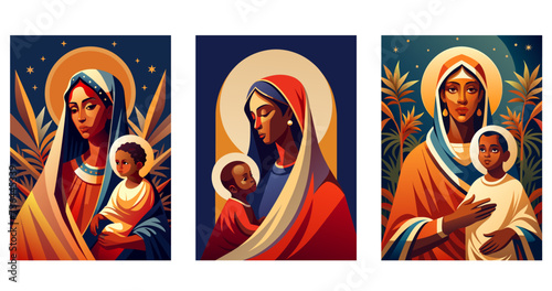 Dark skinned Virgin Mary with baby Jesus. Set flat vector illustration 