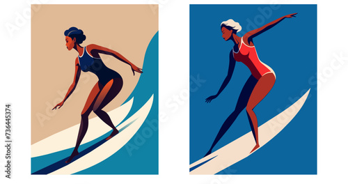 African dark skinned woman in swimming suit surfing. Set flat vector illustration 