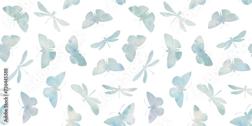 Seamless pattern of butterflies and dragonflies, endless watercolor pattern, hand drawn. Fabric design, kitchen textiles, packaging, wrapping paper.