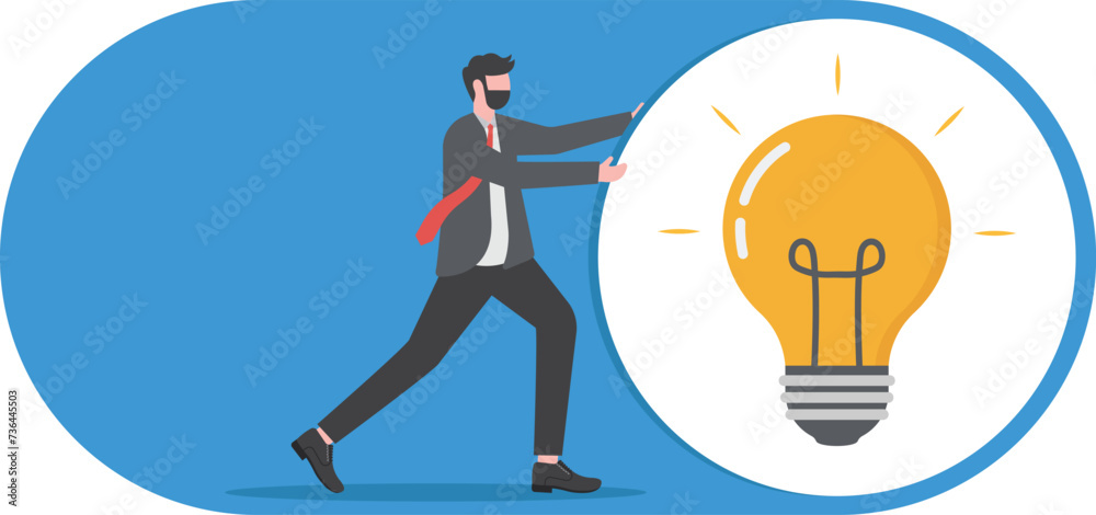 New business ideas, inspiration and creativity to think about new idea concept, smart businessman in suit switching on the switch to turn on lightbulb lamp over his head metaphor of discover new idea. New business ideas, inspiration and creativity to think about new idea concept, smart businessman in suit switching on the switch to turn on lightbulb lamp over his head metaphor of discover new idea.