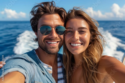 A couple's joyous vacation captures the essence of summer as they share a moment of friendship and love, surrounded by the stunning ocean and sky, donning cool sunglasses and goggles for a picture-pe