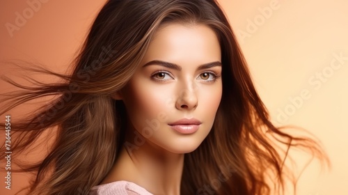 Serene Beauty Portrait with Flowing Hair on Peach Background.