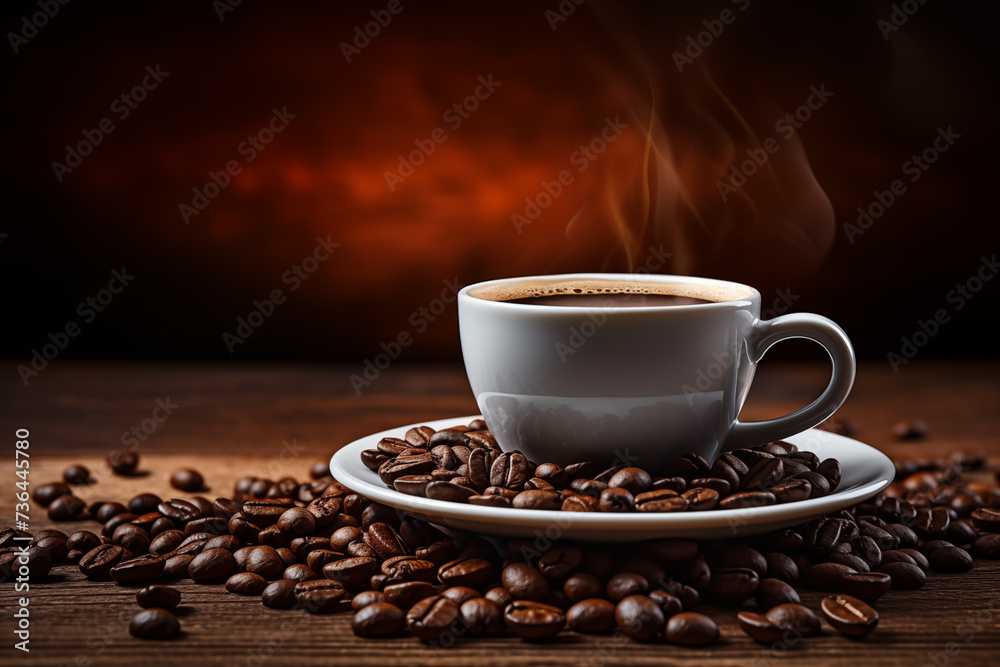 Fototapeta premium Cup of coffee. Coffee beans. Cozy good morning. Cafe