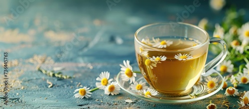 Chamomile herbal tea in glass cup with space. Chamomile phyto tea.