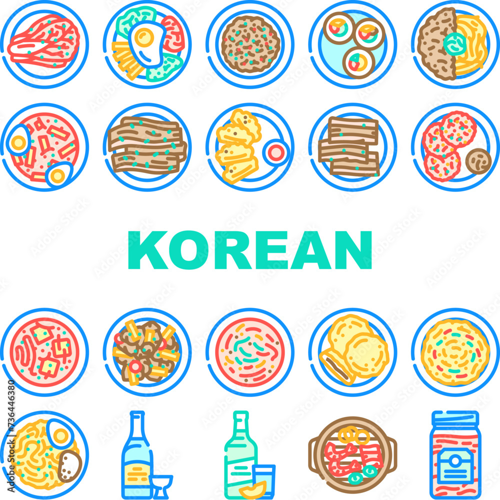 korean cuisine food meal icons set vector