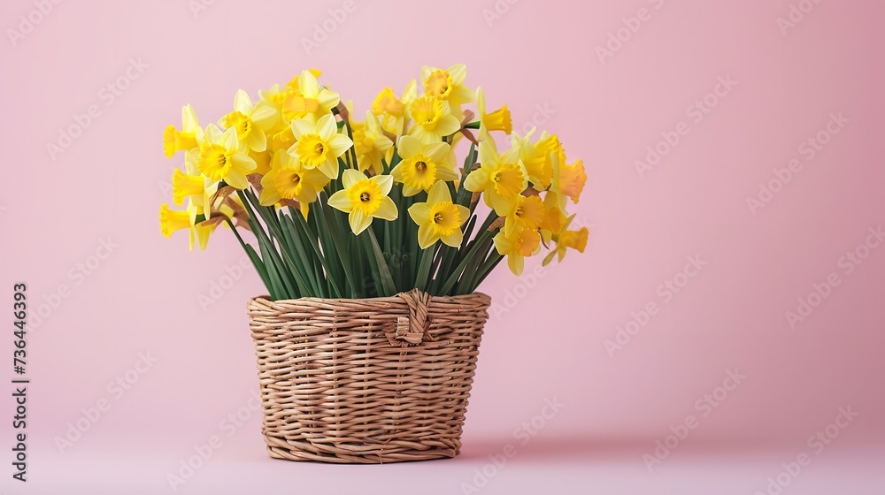 Whicker basket filled with an array of yellow daffodils over a pink setting and space, Generative AI.
