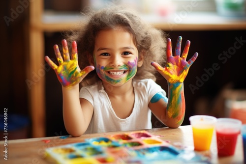 A photo of child drawing rainbow paint on hand and mustache and beard funny class activities concept Generative AI