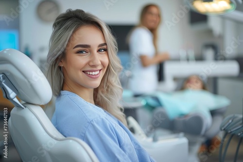 A woman beams with confidence as she sits in the dental chair, surrounded by medical equipment and a wall of soothing colors, ready to improve her smile and overall healthcare