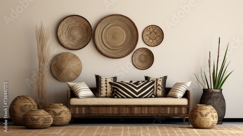 Rattan basket wall decor in a trendy bohemian style, offering an eco-friendly touch with ample copy space