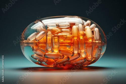 Vibrant pill omega capsules on black background banner. Fish omega gel tablets medication supplements. Generate ai photo