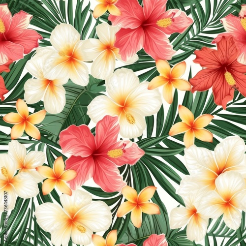 Vibrant Tropical Hibiscus and Plumeria Floral Pattern on Light Background.