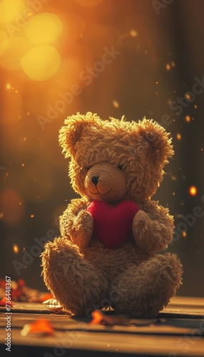 teddy bear offering a heart, surrounded by a warm ambiance, capturing a moment of pure innocence and charm