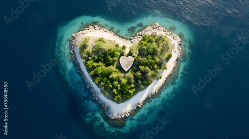 Aerial View of a Heart-Shaped Tropical Retreat, A unique heart-shaped island, fringed by beaches and surrounded by the clear blue waters of a serene