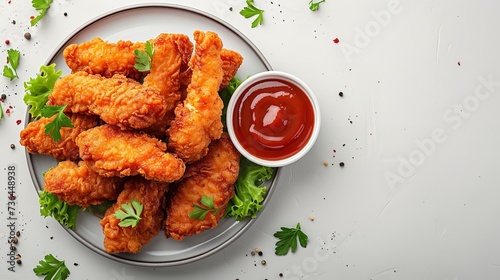 With a white backdrop, golden-fried chicken fingers are put on a platter with sauce and space, Generative AI.