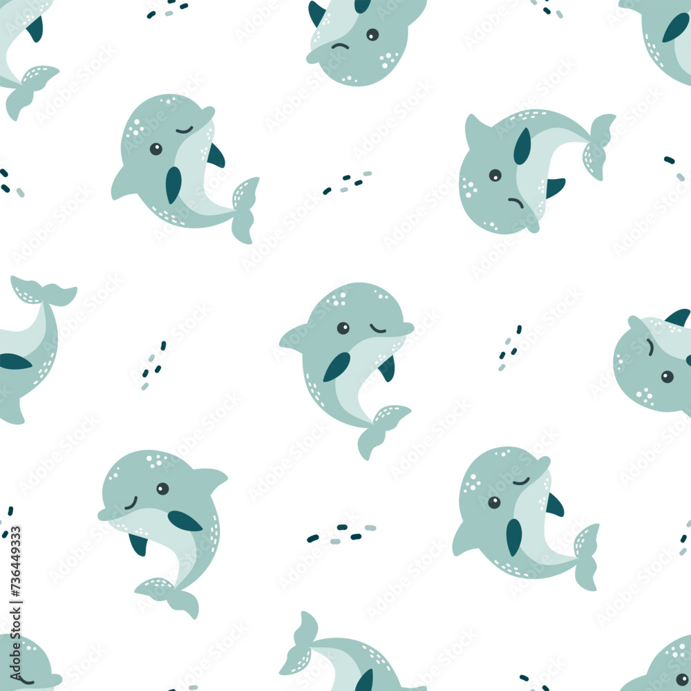 Seamless vector pattern on white background. Cute blue dolphins and water bubbles . Vector illustration