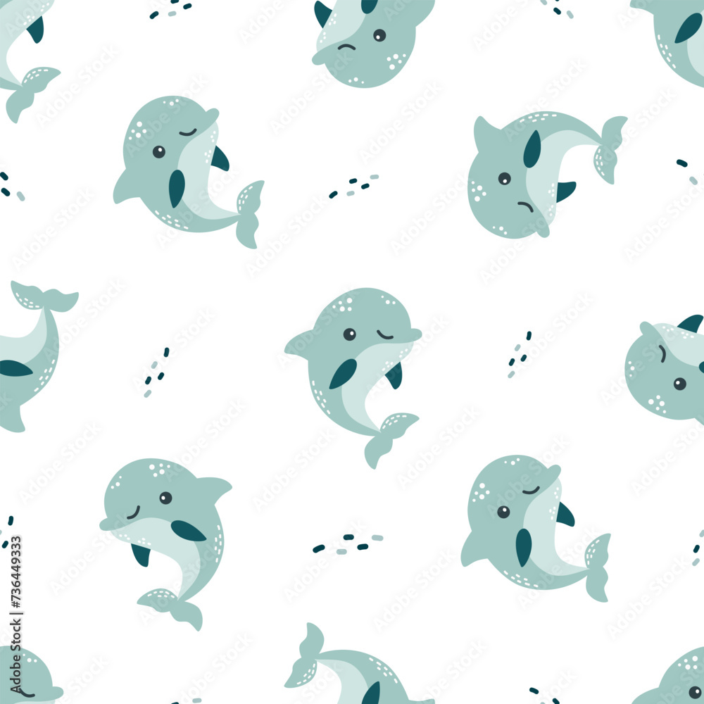 Fototapeta premium Seamless vector pattern on white background. Cute blue dolphins and water bubbles . Vector illustration