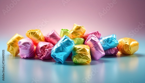some colorful wrapped candies and chocolates on pastel blue and pink background