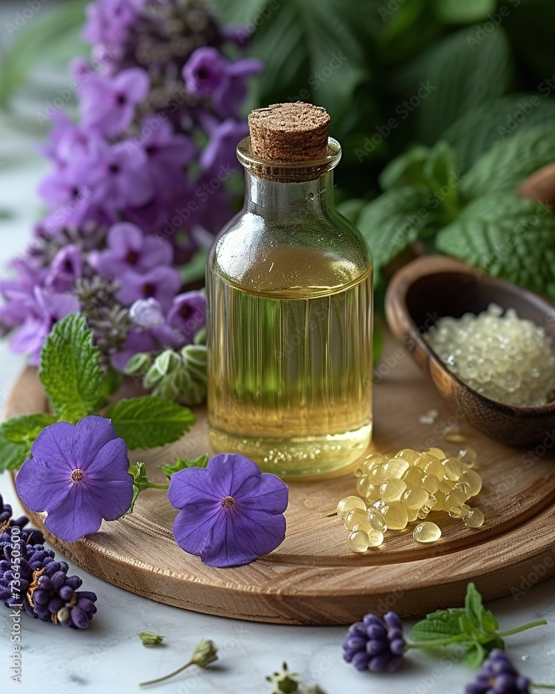 Glass bottle filled with oil to the vibrant purple flowers and lush green leaves. Glass bottle filled with oil to the vibrant purple flowers and lush green leaves.