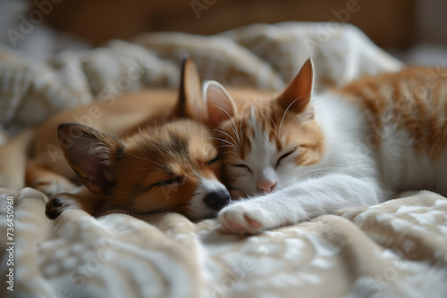 Cat and dog sleeping, puppy and kitten napping together, cute pets, blurred background