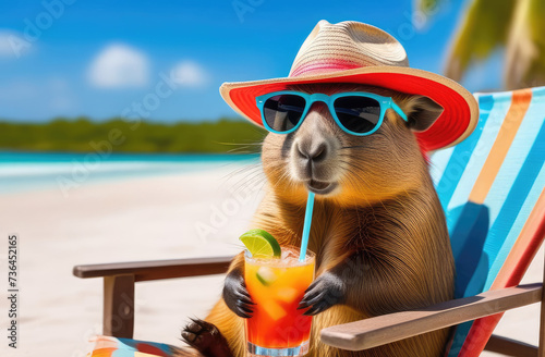 Capybara in sunglasses, a straw hat, sitting on a beach chair, holding a colored cocktail in her paw, blue sky, white oceanic sand, light blurred background, selective focus © Lana-Fotini