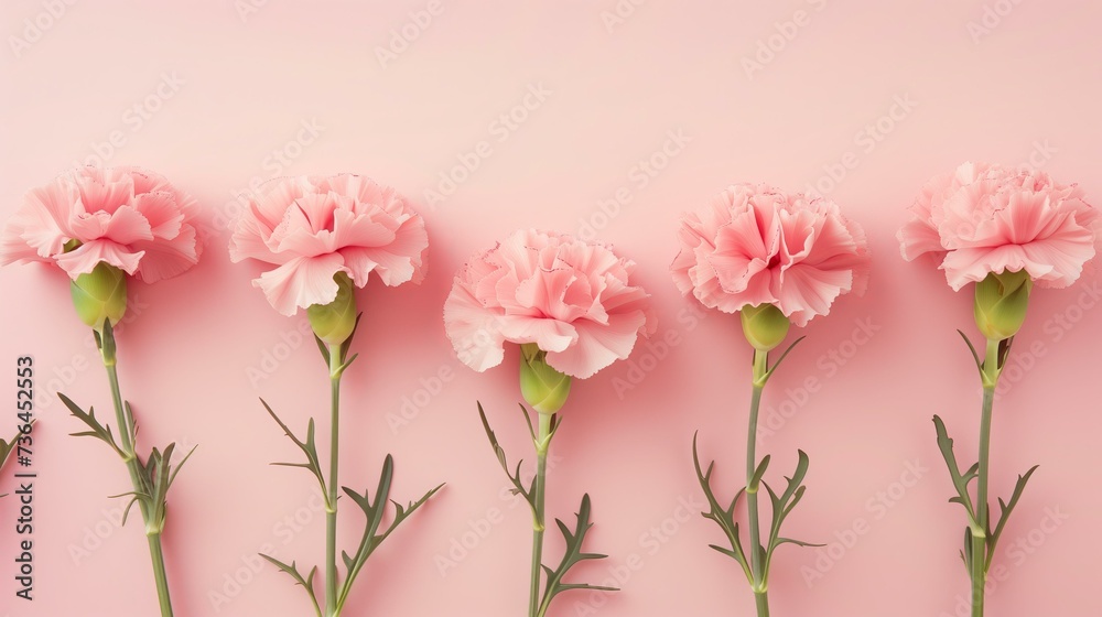 row of pink delicate carnations on a pastel pink background row of pink delicate carnations on a pastel pink background