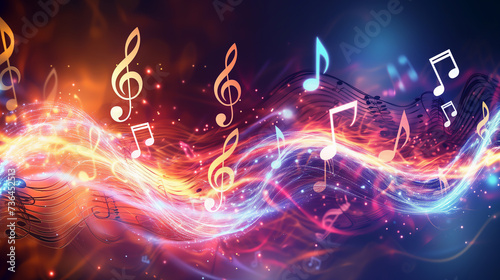 Melody flowing music wave abstract background showing colourful music notes which are musical notation symbols, stock illustration image 