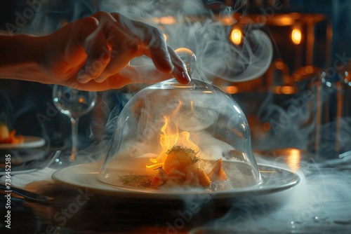 Chef's hand lifts up glass cloche from a plate with hot food and moving smoke at the restaurant. Exquisite dish, creative restaurant meal concept, haute couture food