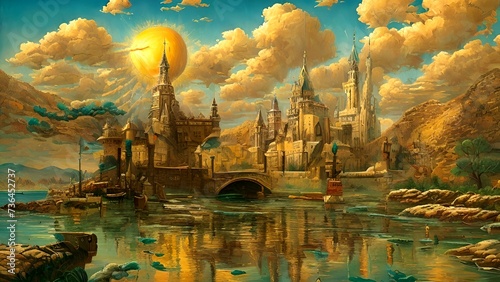 Абстрактная картина в стиле сюрреализм. Сказочный город у реки. © nitroziklop7