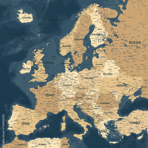 Europe - Highly Detailed Vector Map of the Europe. Ideally for the Print Posters. Dark Blue Golden Beige Retro Style