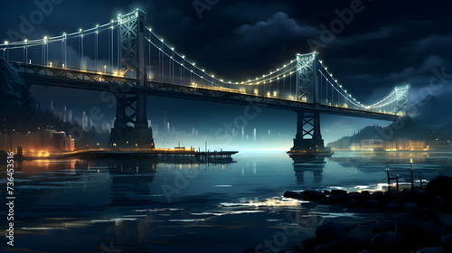 Luminous Reflections Nighttime Glow of a Famous Bridge,, 2d anime style city environment bridge on lake at long distance view another bridge 