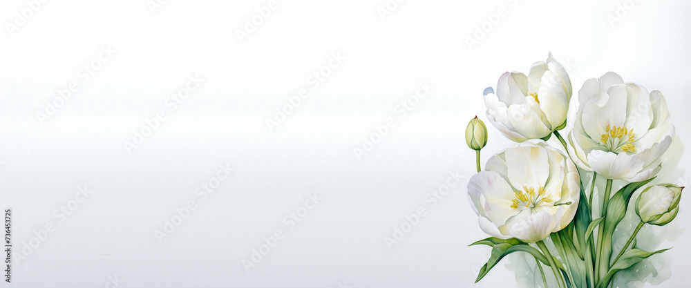 Watercolor bouquet of white tulips on a white background. Copy space.