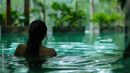 picture of an hotel spa, we can see far away, a girl enjoying a wellness circuit 