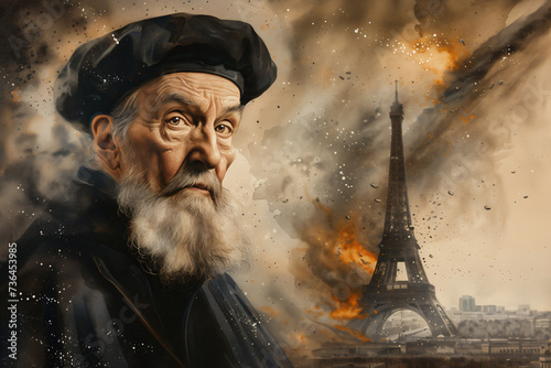 Watercolor illustration art. The prophetic vision of Nostradamus with the destruction of the city in the Background. Generative AI image.	