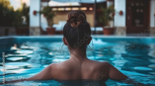 a hotel spa is depicted  with a girl in the distance delighting in a wellness circuit 