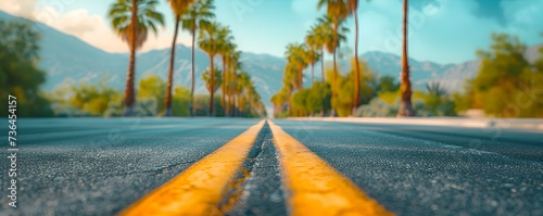 Palm trees line the road on an adventurous American road trip. Concept American Road Trip, Palm Trees, Adventurous Journey, Scenic Drives, Open Road Vibes photo