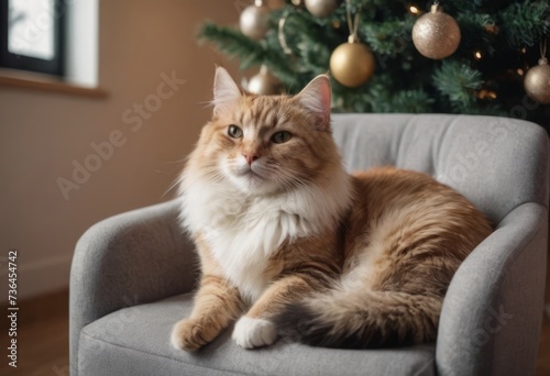 Adorable Cat Enjoying Holiday Season in Cozy Armchair Next to Beautifully Decorated Christmas Tree © Алексей Ковалев