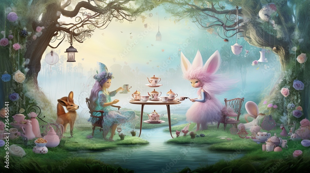 A Painting of Two Rabbits Having Tea in a Forest A Painting of Two Rabbits Having Tea in a Forest