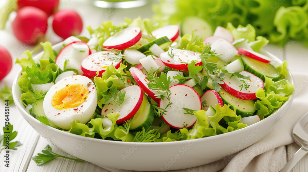 fresh vegetable salad with boiled eggs, radish and cucumber on white wooden table fresh vegetable salad with boiled eggs, radish and cucumber on white wooden table
